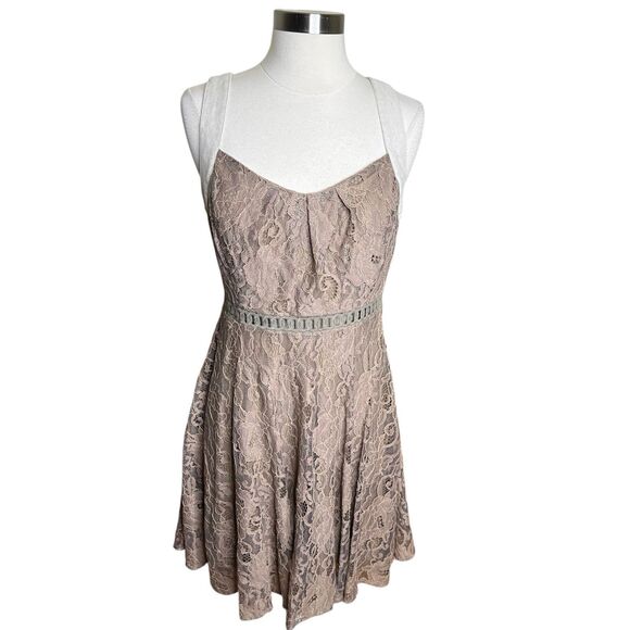 Ryu Dress Womens Medium Brown Linen Blend Lace Bow Back Sweetheart Neck - Picture 1 of 10